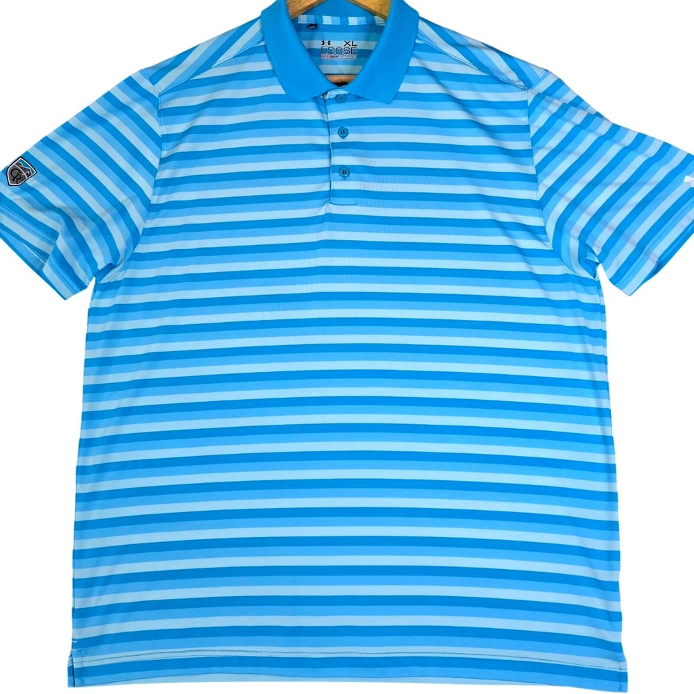 Under Armour Mens XL Golf Polo Shirt Blue Striped‎ HeatGear Performance Loose